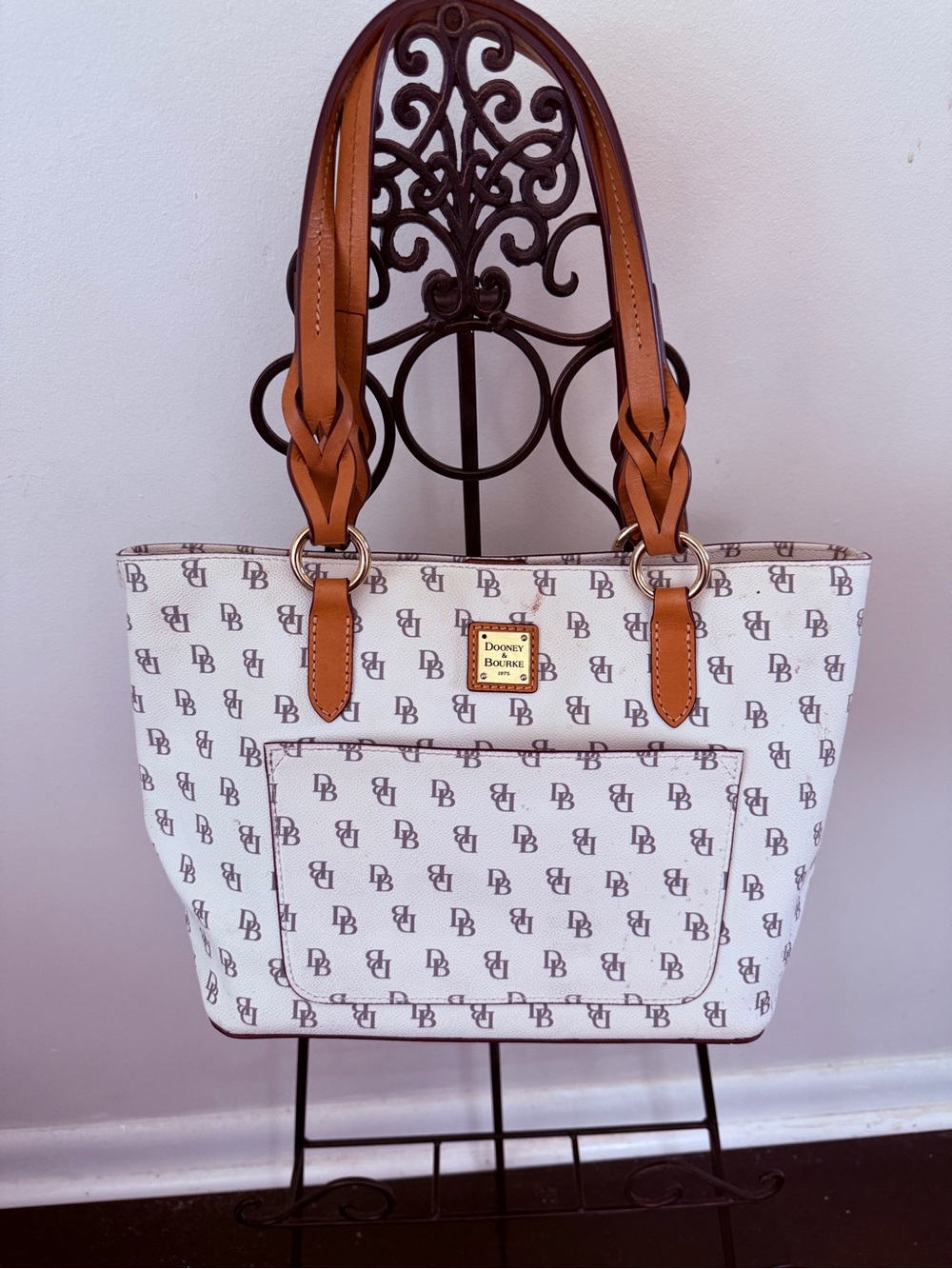 Dooney & Bourke White Logo Tote with Tan Leather Handles and Gold Plaque